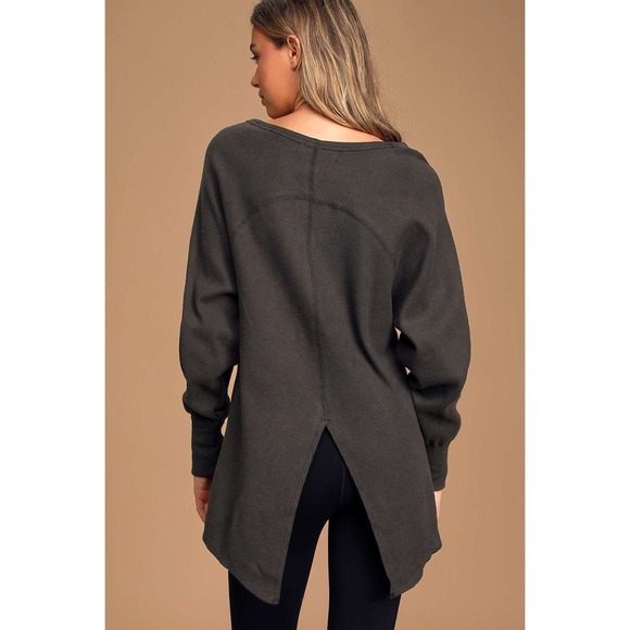 Free People Amelia Washed Black Oversized Long Sleeve Thermal Top Boho Size M - Picture 2 of 8